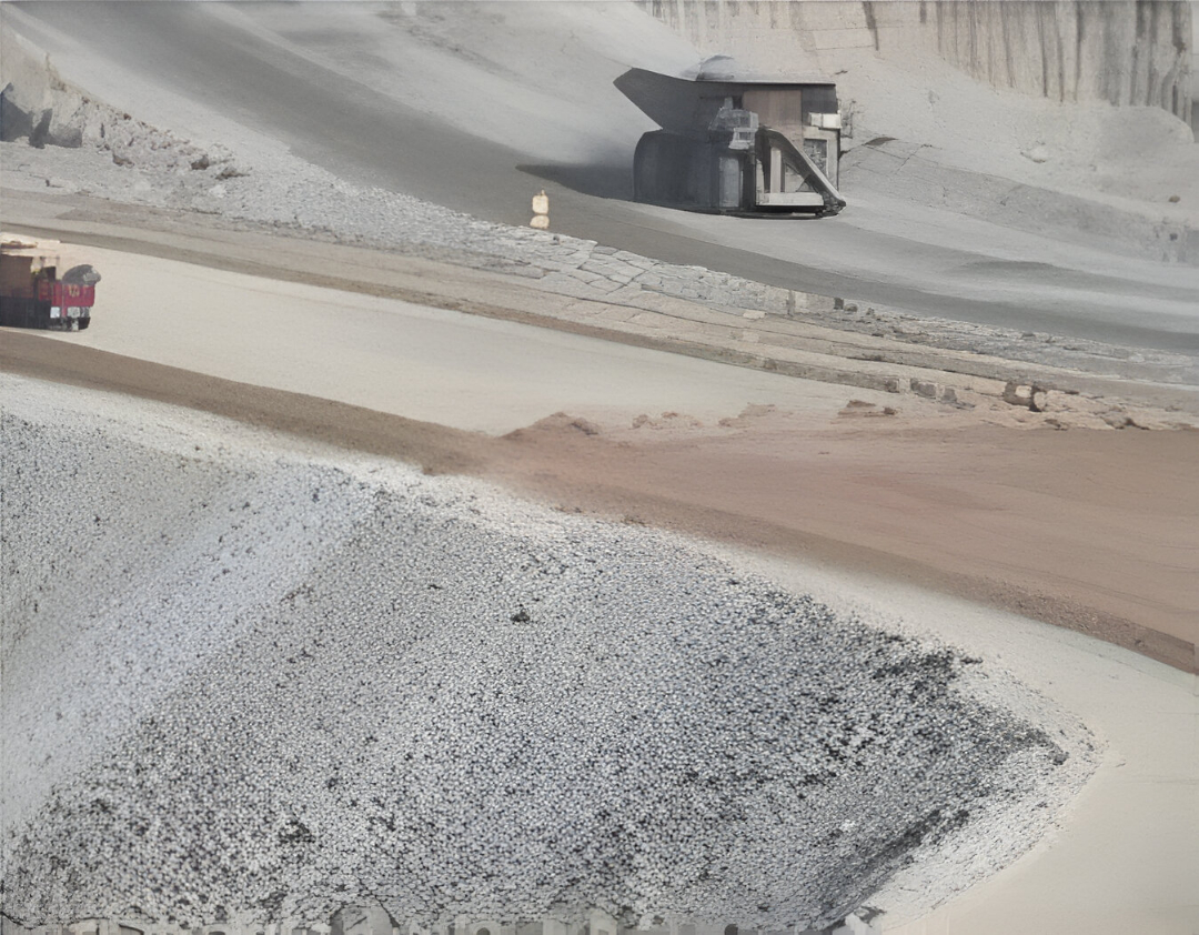 Construcción de túnel o camino en zona montañosa, indicando trabajos de obra civil.